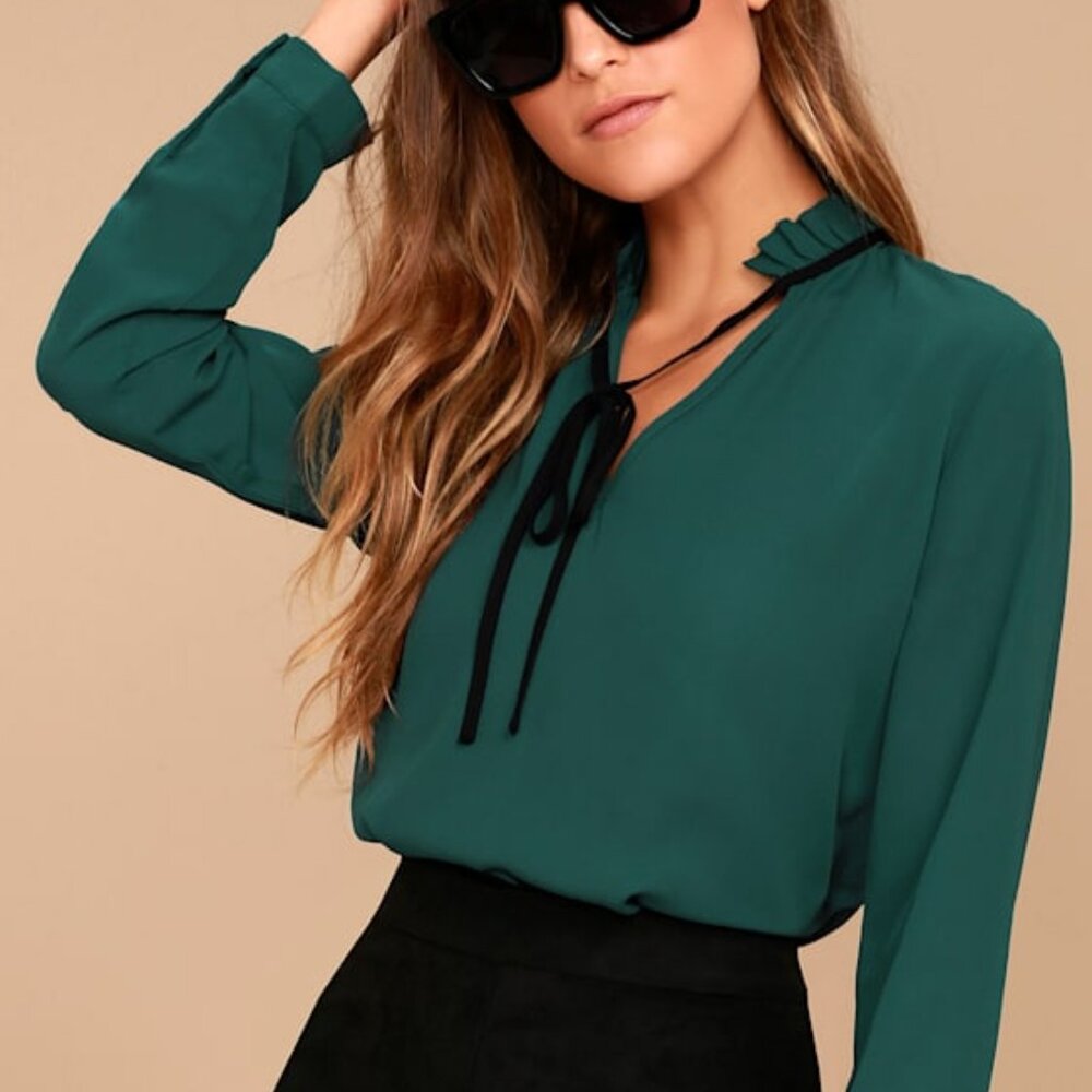 Lulus Tea Shop Teal Blue Long Sleeve Top Green - Size XS